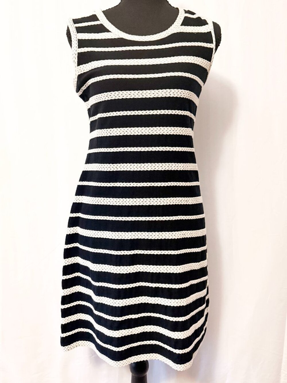 MAX STUDIO Black White Braided Knit Stripe Dress S 100% Cotton